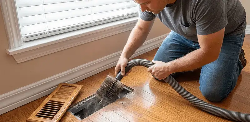 Air duct cleaning technician vacuuming a floor vent and duct opening in Des Moines, IA