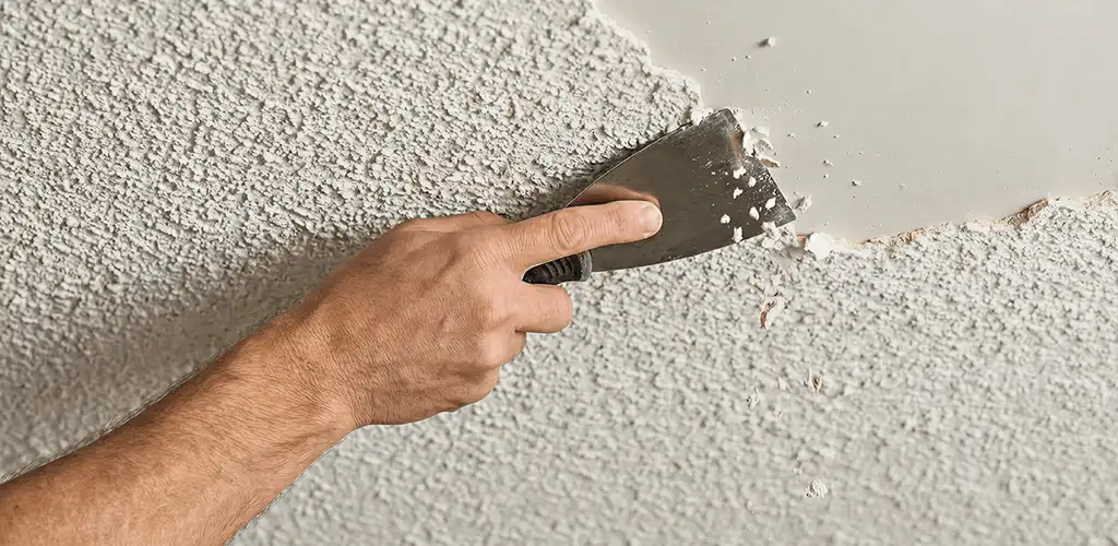 Popcorn ceiling removal scraping off textured ceiling finish in Des Moines, IA