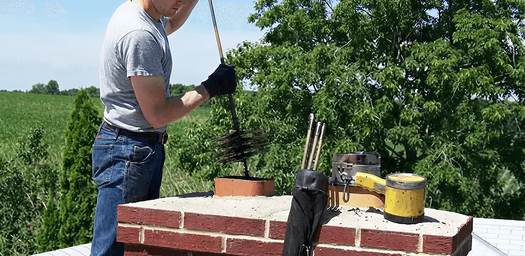 Chimney cleaning technician working on a rooftop chimney with professional tools in Des Moines, IA