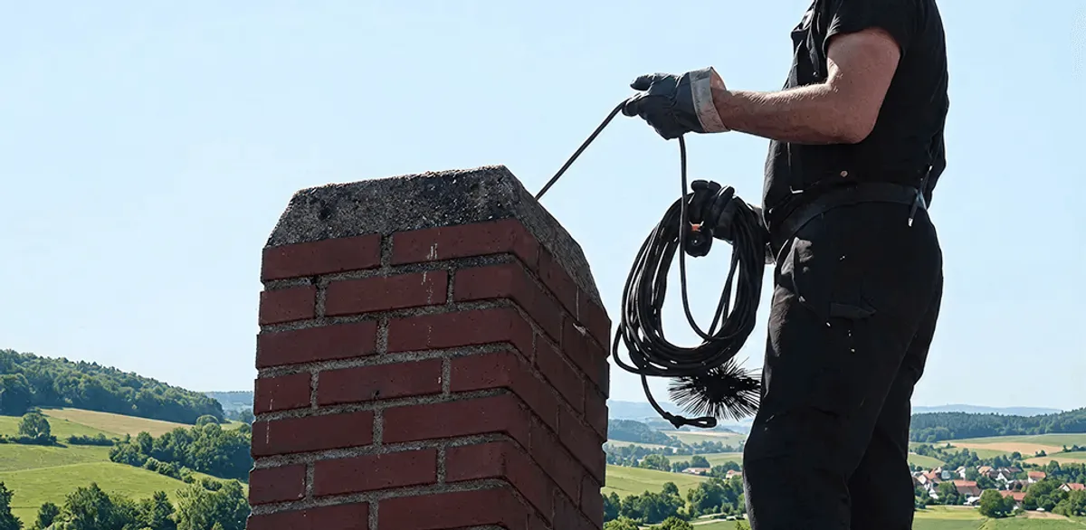 Chimney sweep inspecting and cleaning a rooftop chimney in Des Moines, IA