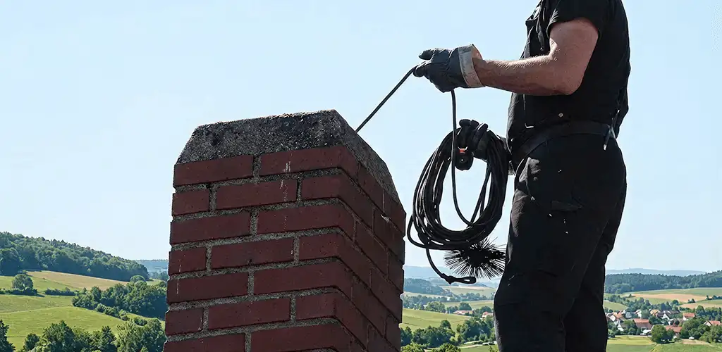 Chimney sweep inspecting and cleaning a rooftop chimney in Des Moines, IA