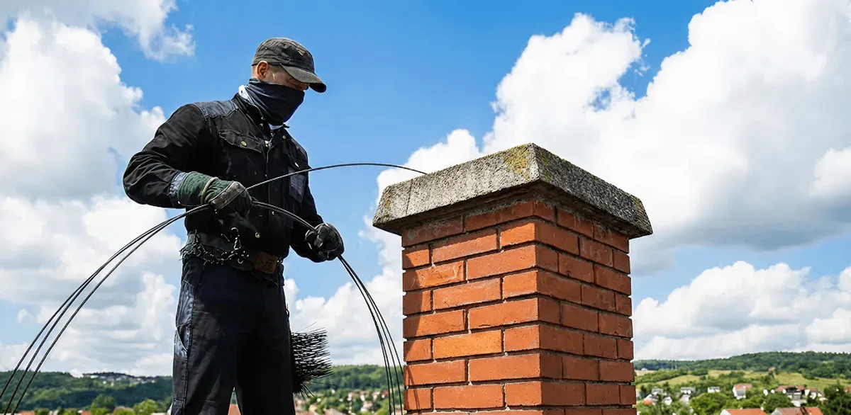 Chimney sweep cleaning a brick chimney with professional tools in Des Moines, IA