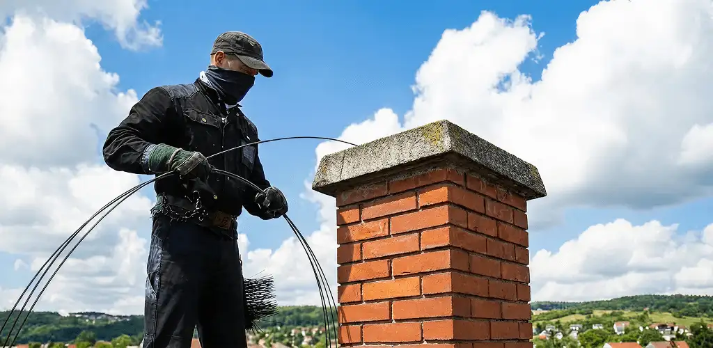 Chimney sweep cleaning a brick chimney with professional tools in Des Moines, IA