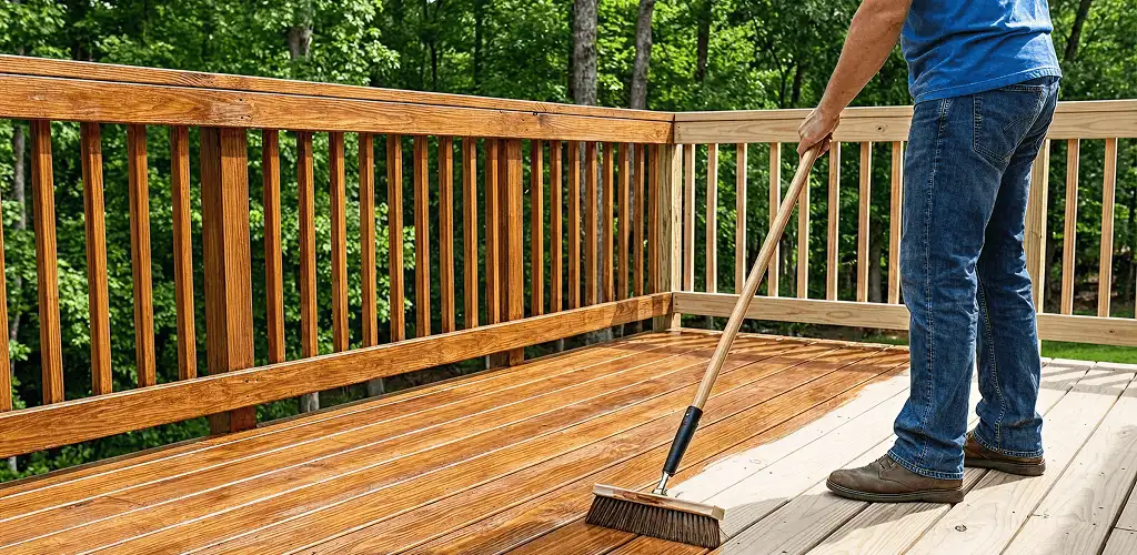Deck staining and sealing application on a wood deck in Des Moines, IA