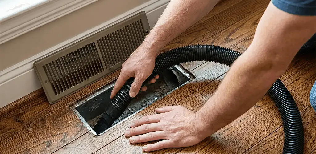 Air duct cleaning technician vacuuming a floor register and duct opening in Des Moines, IA