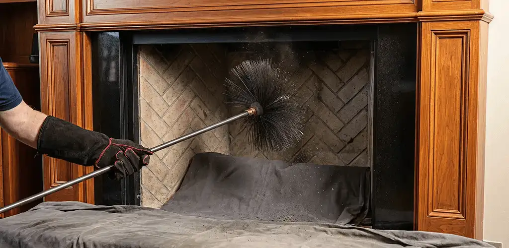 Chimney cleaning service brushing soot from a fireplace and flue in Des Moines, IA