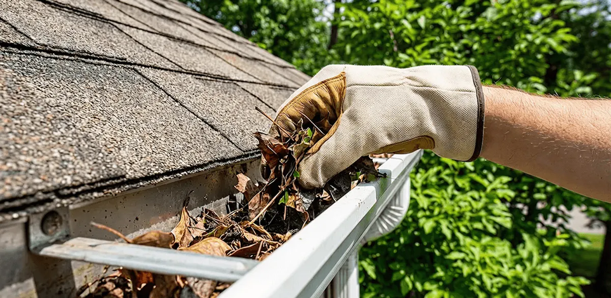 Gutter cleaning removing leaves and debris from roof gutters in Des Moines, IA