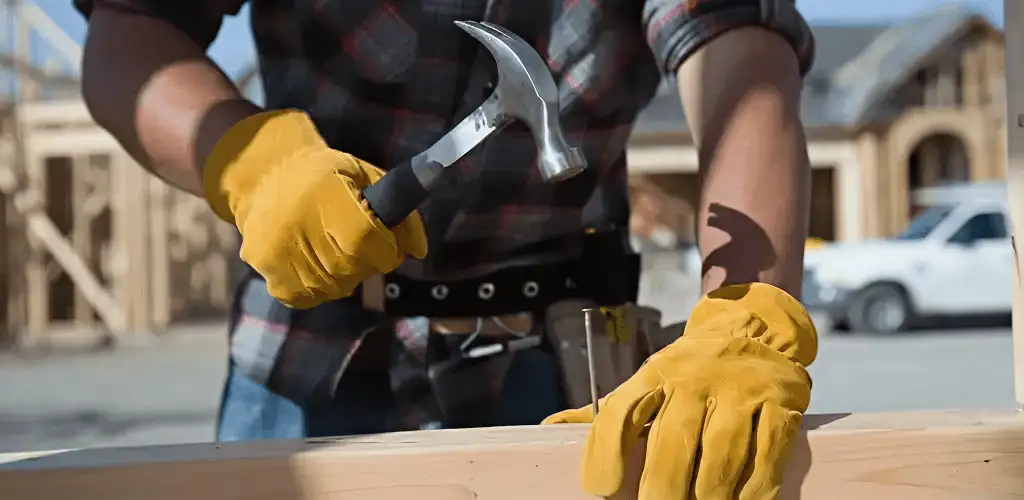 Handyman fixing wood trim with a hammer for home repairs in Des Moines, IA