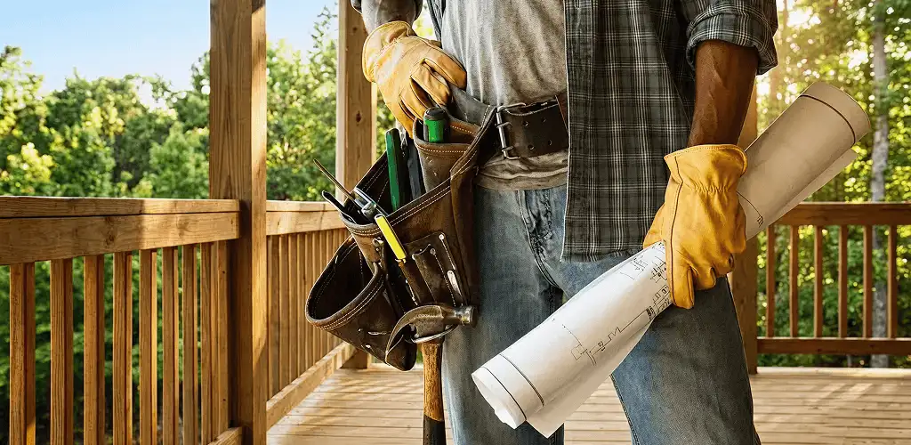 Professional handyman with tool belt ready for home repairs in Des Moines, IA
