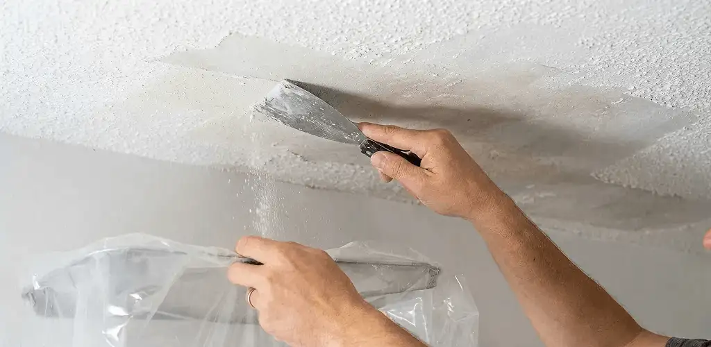 Popcorn ceiling removal technician scraping texture from a ceiling in Des Moines, IA