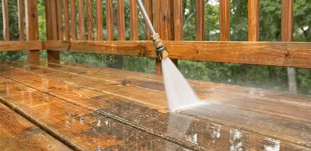 Pressure washing a wood deck to remove dirt and buildup in Des Moines, IA