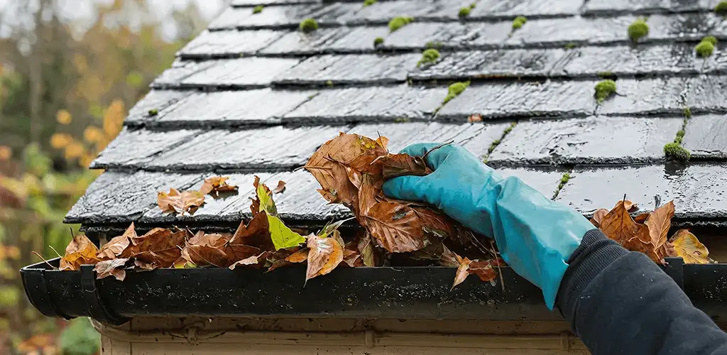 Gutter cleaning technician clearing wet leaves from roof gutters in Des Moines, IA