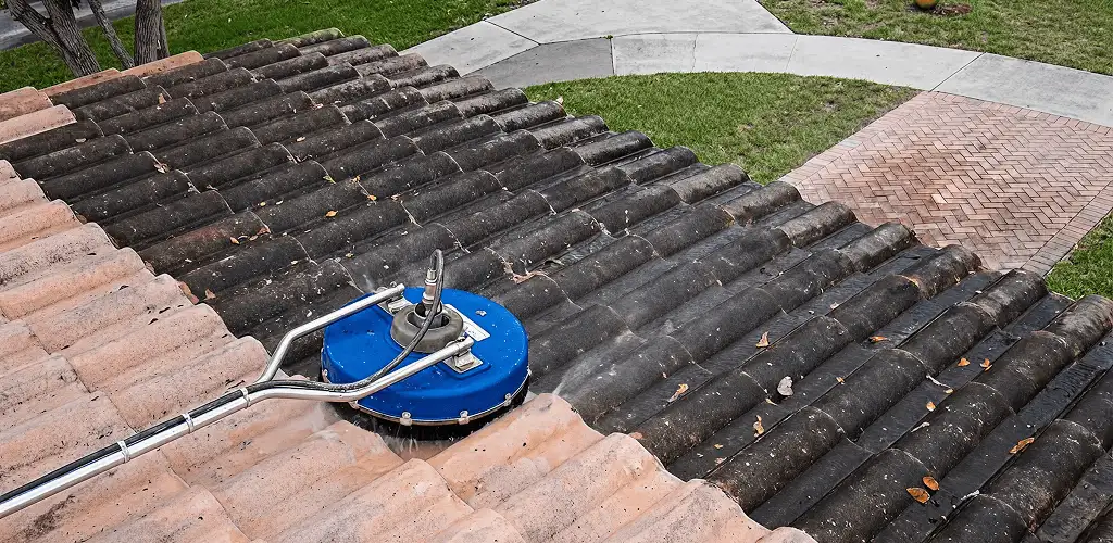 Roof pressure cleaning removing debris and buildup from roof tiles in Des Moines, IA