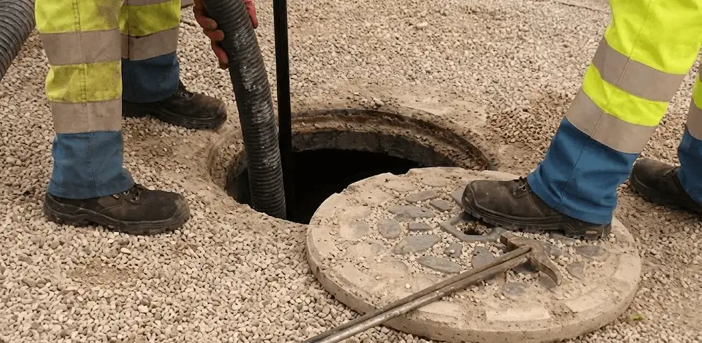 Drain cleaning crew clearing a sewer access point with professional equipment in Des Moines, IA