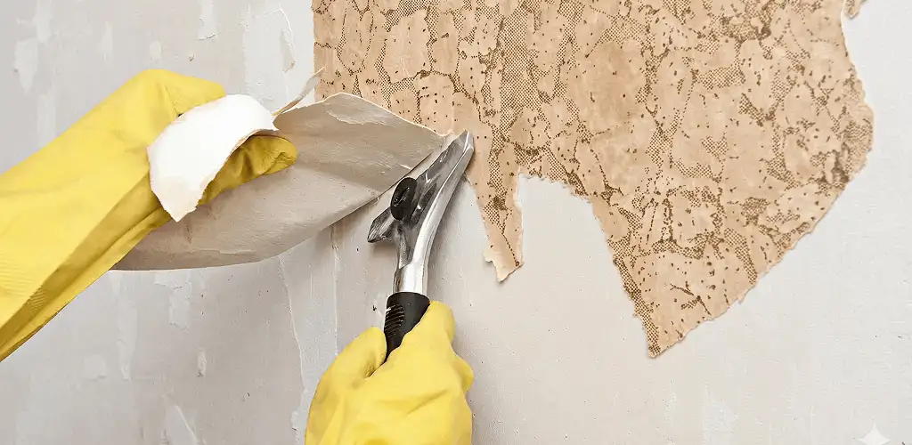 Wallpaper removal service stripping old wallpaper from a wall in Des Moines, IA